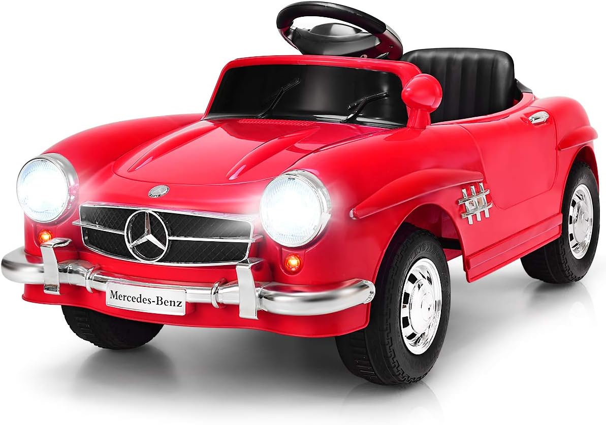 ride on cars for kids- red mercedes benz with lights, tires, chrome on a white background 