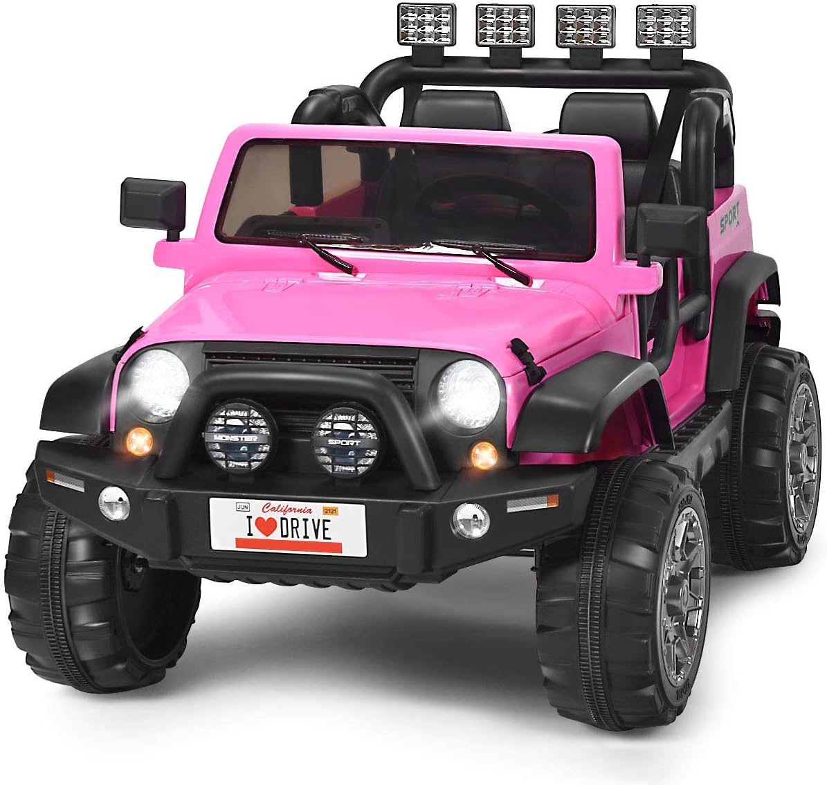 ride on cars for kids- pink ride on jeep with lights and license plate on white background