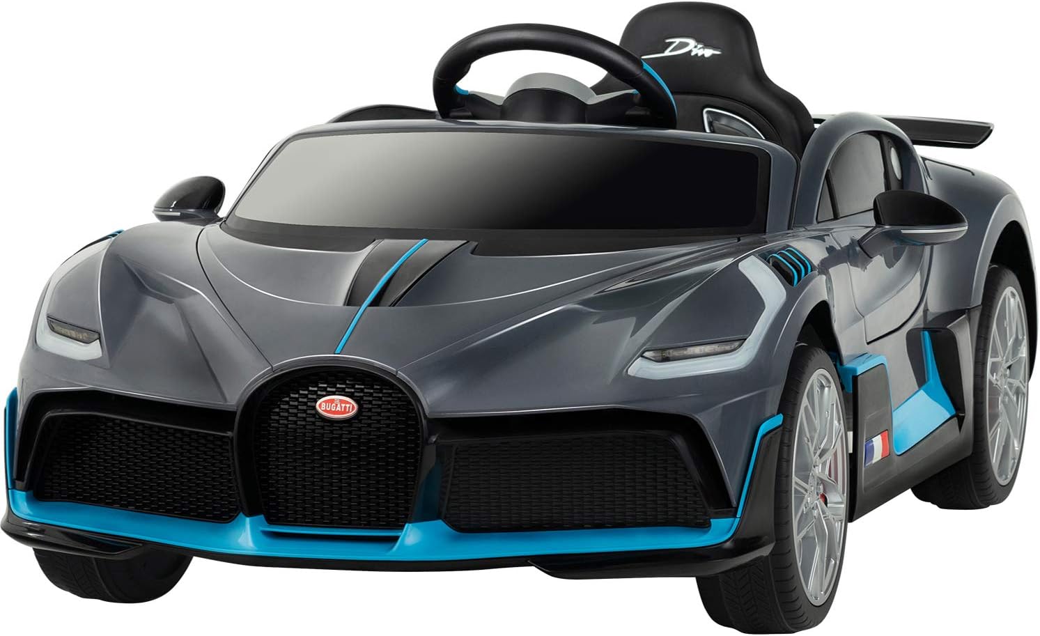 ride on cars for kids- black and blue bugatti with chrome tires and lights