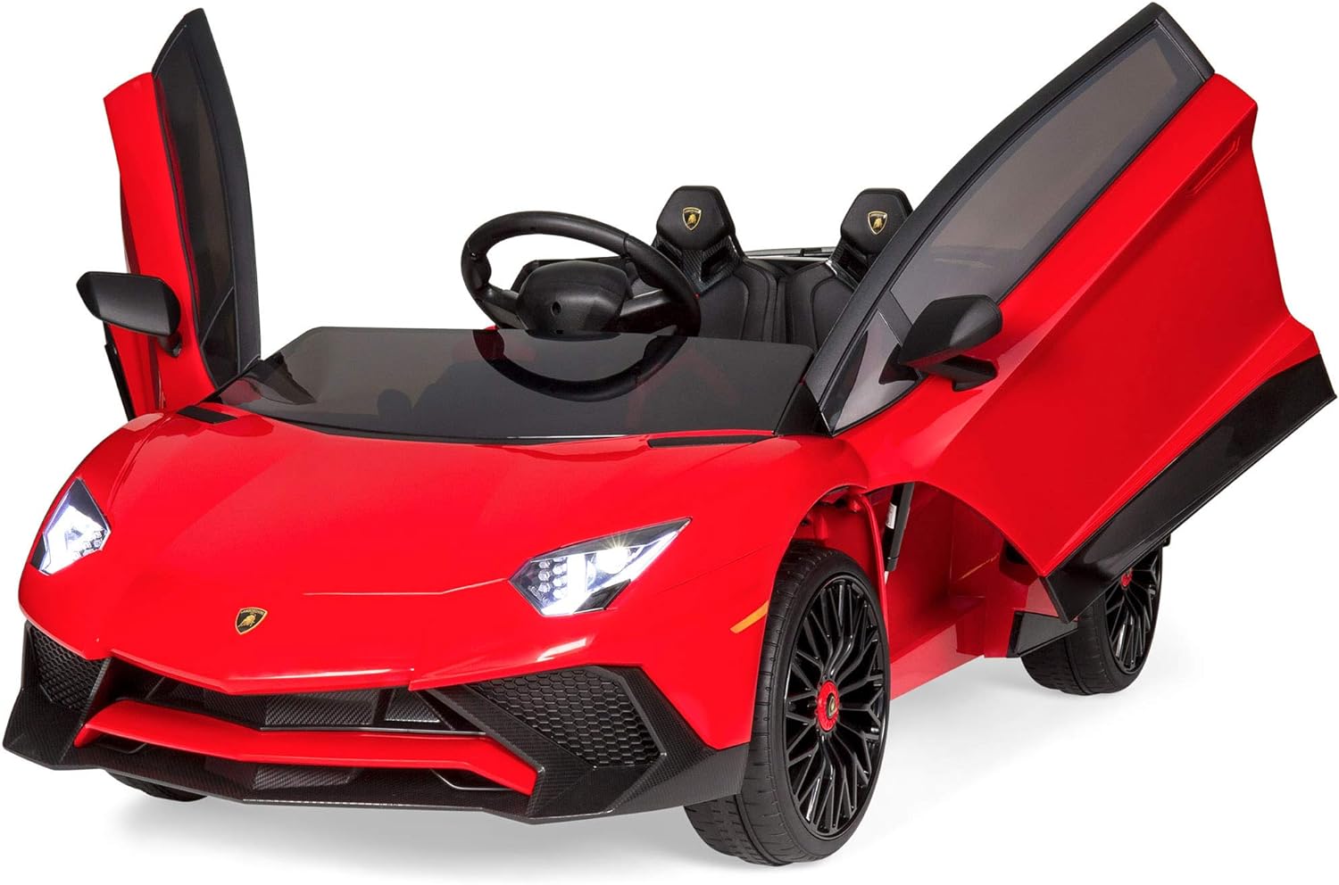 ride on cars for kids- red lamborghini with rise up doors and lights and red and black tires