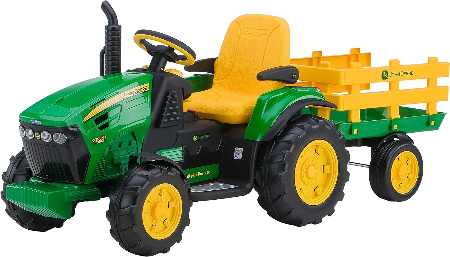 ride on cars for kids- green and yellow and black tractor with a trailor