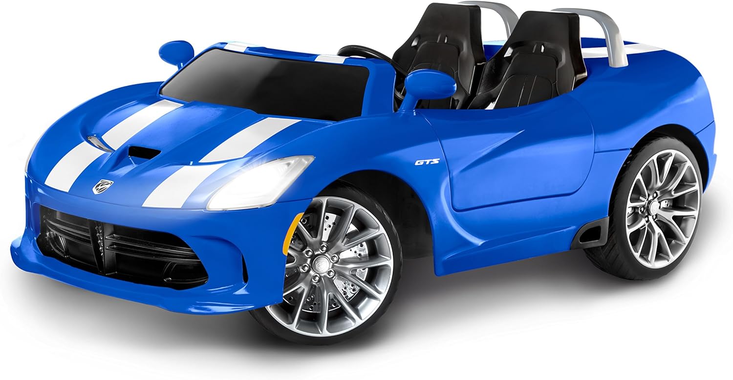 ride on cars for kids- blue and white dodge viper with lights and chrome tires