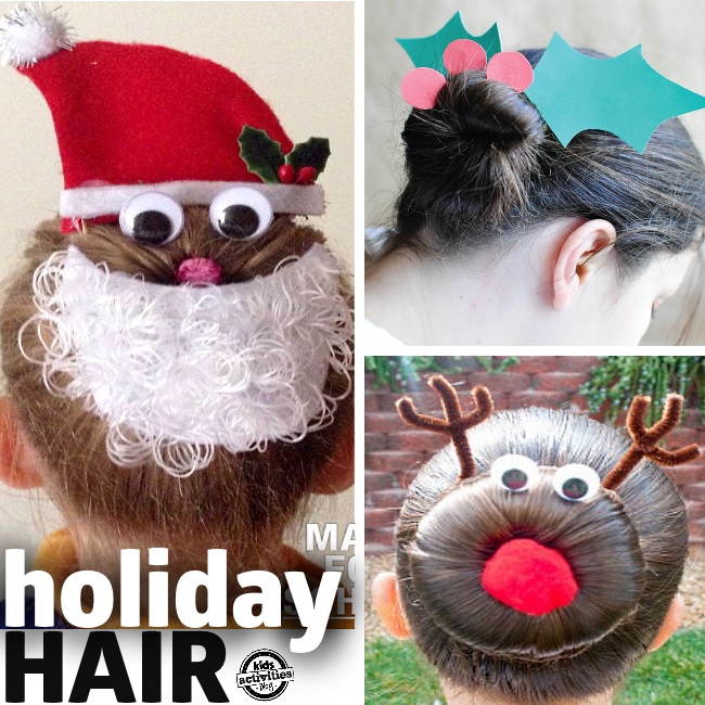 Christmas Hair for Kids - text: holiday hair - 3 pictures of holiday hair ideas including Santa's face, reindeer bun and holly bun - Kids Activities Blog