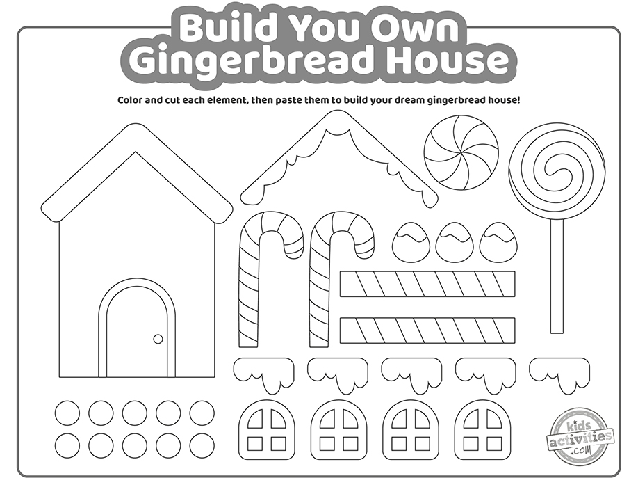 Black and white gingerbread house template for kids, students and adults. printed pdf version from Kids activities blog. 
