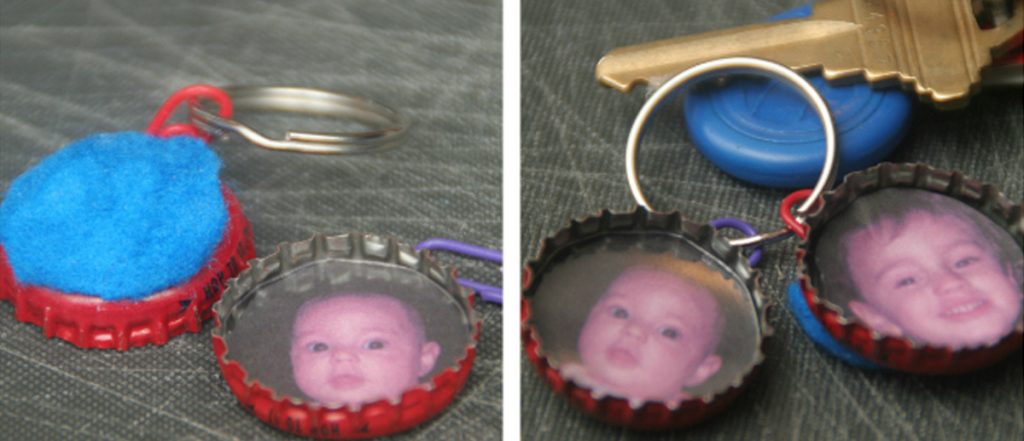 ideas for christmas homemade gifts- Bottle cap keychain with a photo of a toddler.