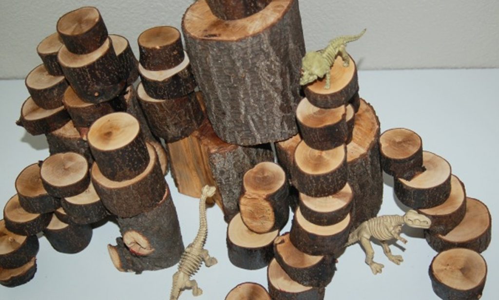 ideas for christmas homemade gifts- Tree logs used as blocks with dinosaur toys on top.