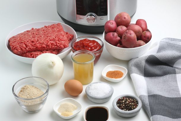 Supplies needed to make Instant Pot Meatloaf : meat, ketchup, broth, potatoes, seasoning, egg, onion