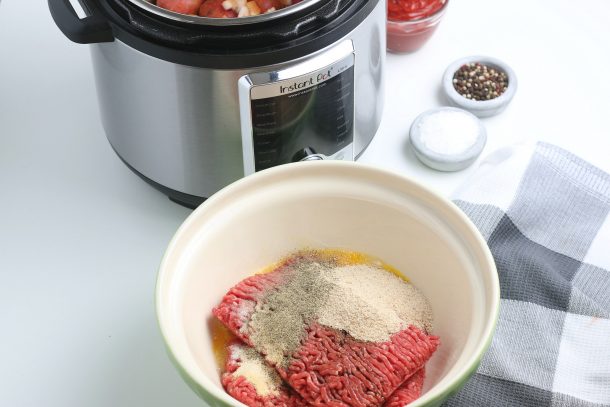 Step 2- mix meat, spices, and bread crumbs in bowl- Instant Pot Meatloaf