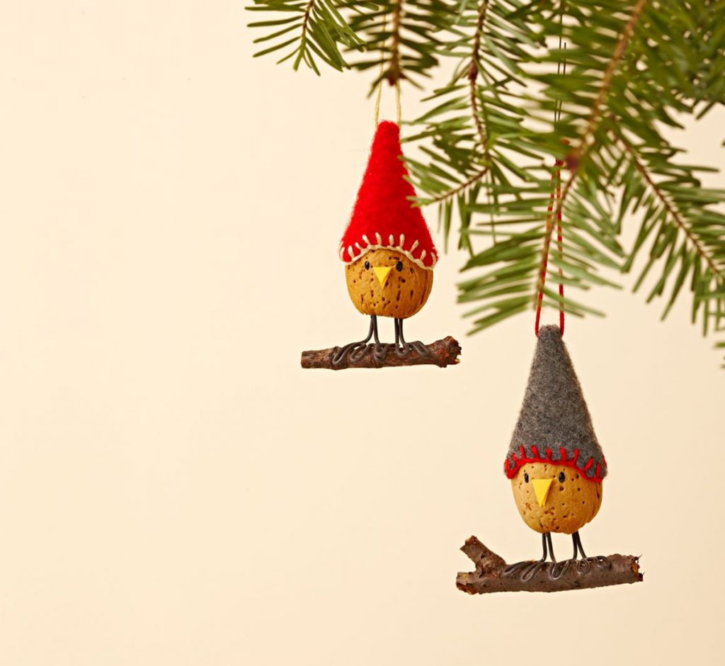 natural Christmas ornaments- Image shows two bird almond christmas ornaments.