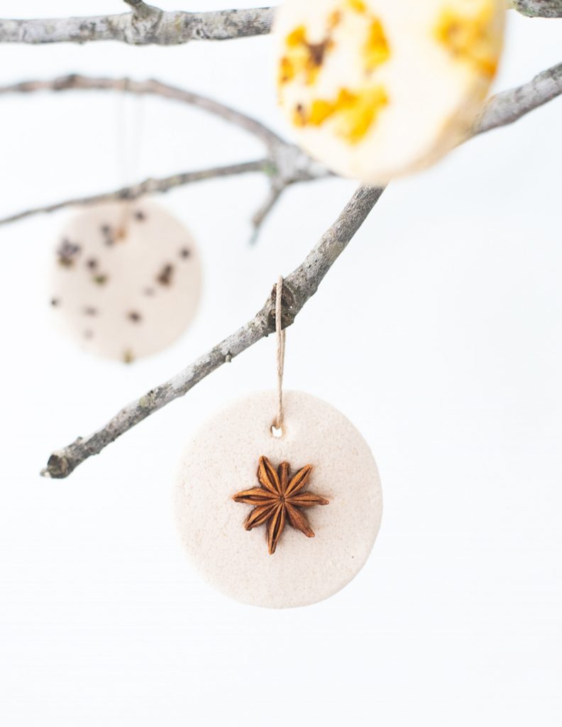 natural Christmas ornaments- Image shows a salt ornament hanging from a branch.