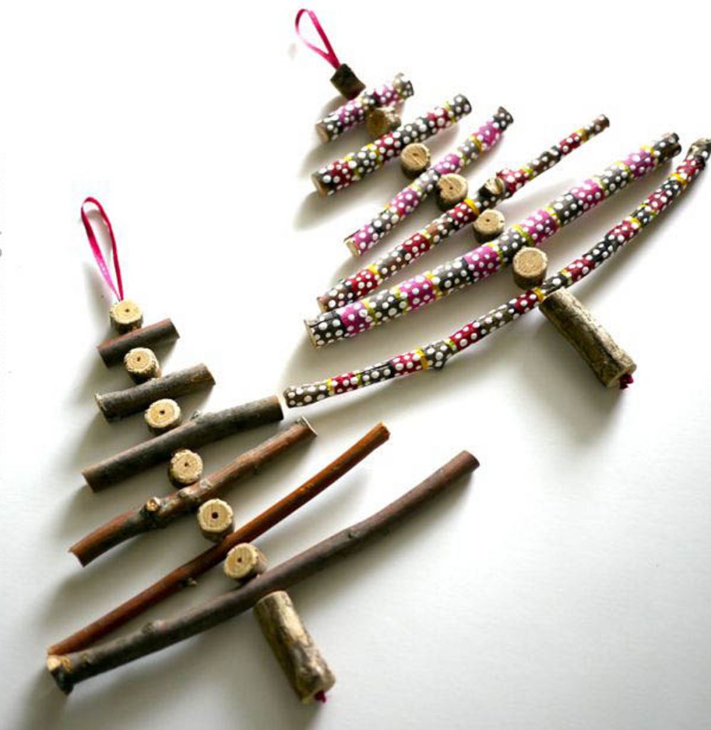 natural Christmas ornaments- Image shows two twiggy christmas tree crafts.