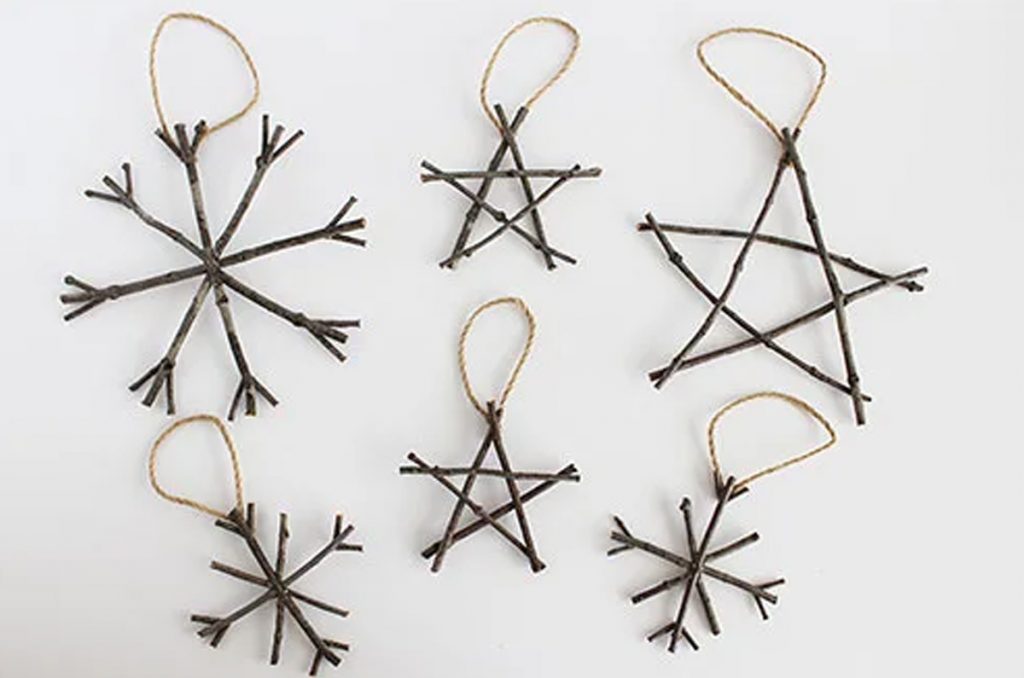 natural Christmas ornaments- image shows Christms rustic twig ornaments