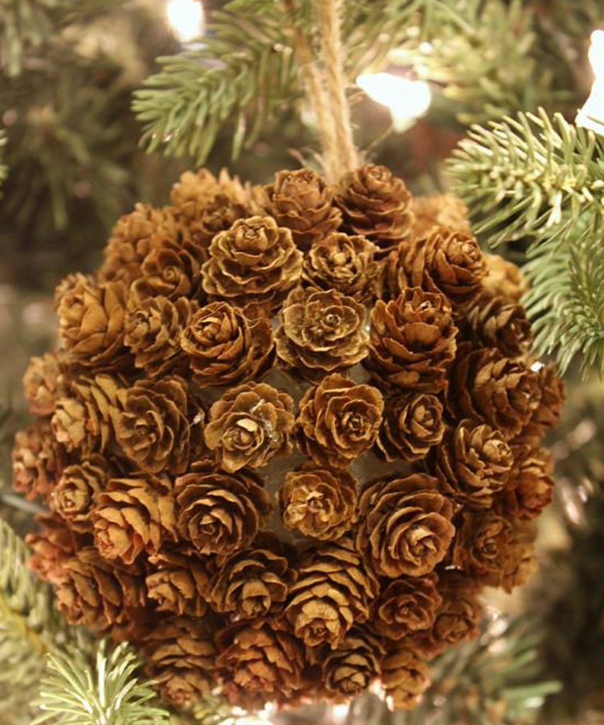 natural Christmas ornaments- Image shows a pine cone kissing ball ornament.