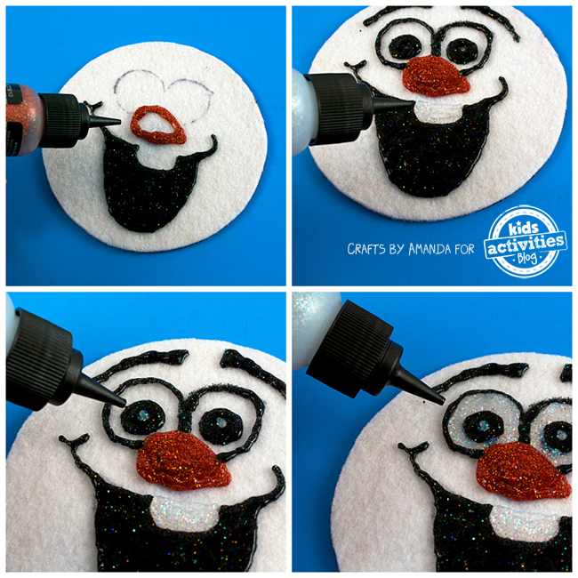 Step 5 - Olaf craft made with CD - how to paint the olaf face on felt step by step with 4 pictures