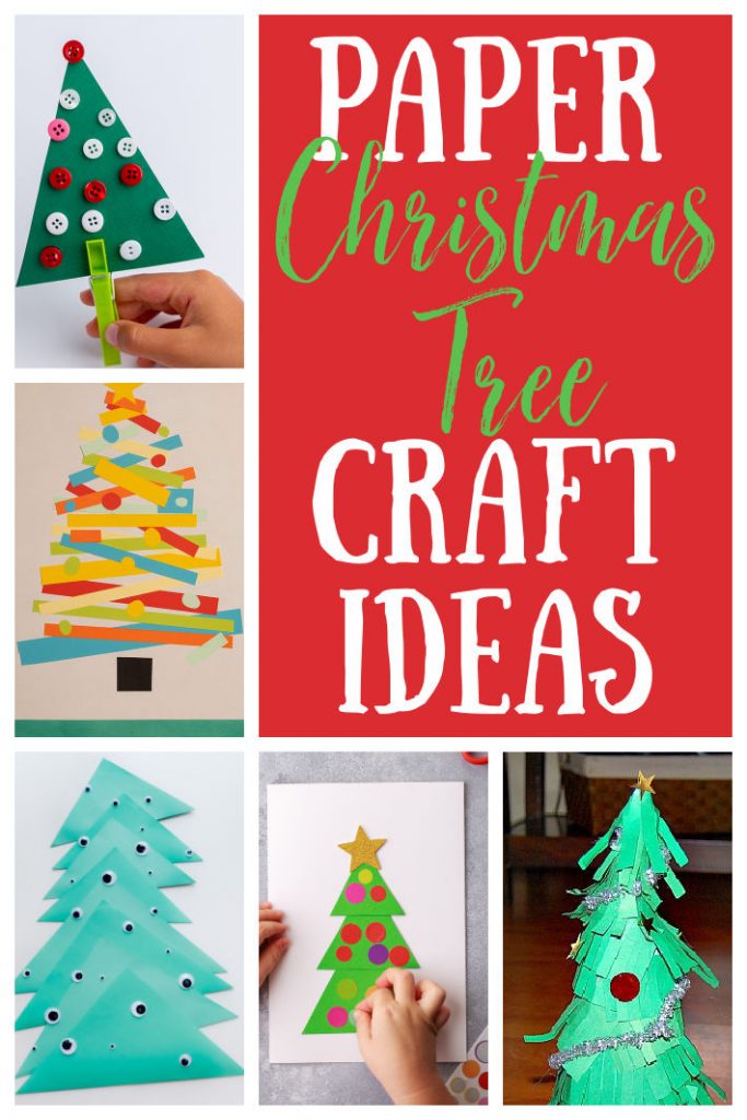 Paper Christmas Tree Craft Ideas for Kids - Kids Activities Blog - collage of 5 different craft Christmas tree ideas for kids using just paper and holiday decorations