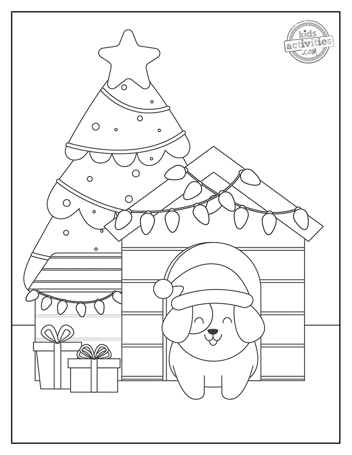 Christmas puppy coloring page printed pdf files with a puppy in a Christmas hat, house, lights, presents, and trees