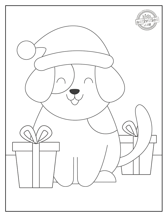 free puppy christmas coloring pages printed pdf file with presents and christmas hat