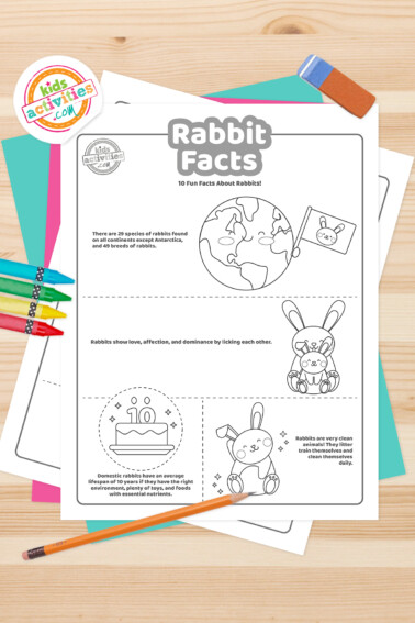 Black and white coloring pages with rabbit facts lying on top of a blue-green sheet with multicolored letters on a light brown background.