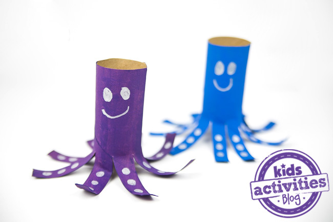 Toilet Paper Roll Octopus- toilet paper rolls painted purple, blue, with smiles, and polka dots, white, with legs cut into the paper toilet roll- kids activities blog