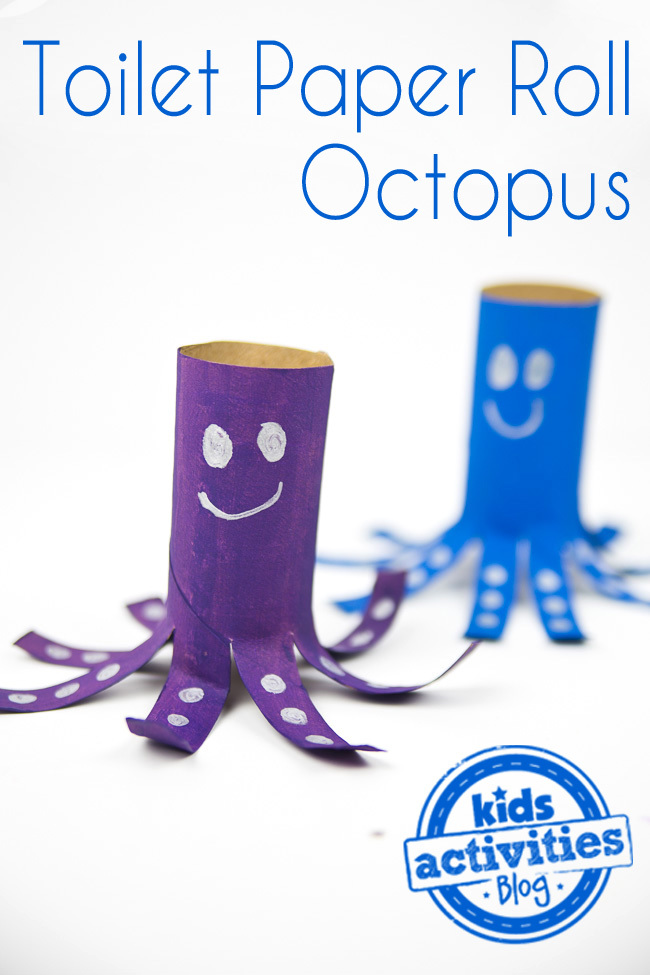 Toilet Paper Roll Octopus- toilet paper rolls painted purple, blue, with smiles, and polka dots, white, with legs cut into the paper toilet roll- kids activities blog