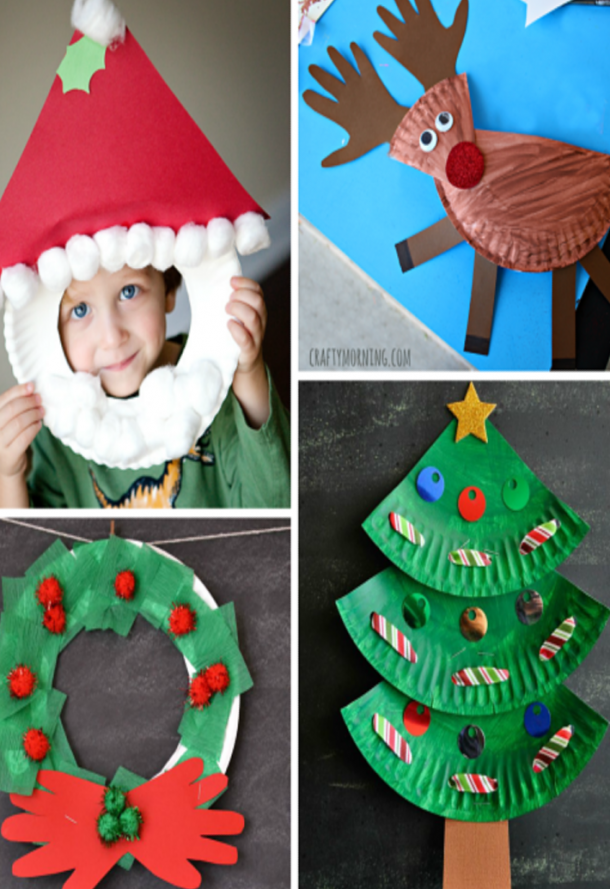 Christmas Paper Plate Crafts like a Santa photo prop, Rudolph with a red shiny nose, a Christmas wreath, and a Christmas tree.