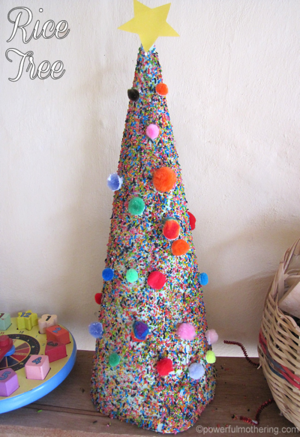 Colored Rice tree with rainbow pom poms