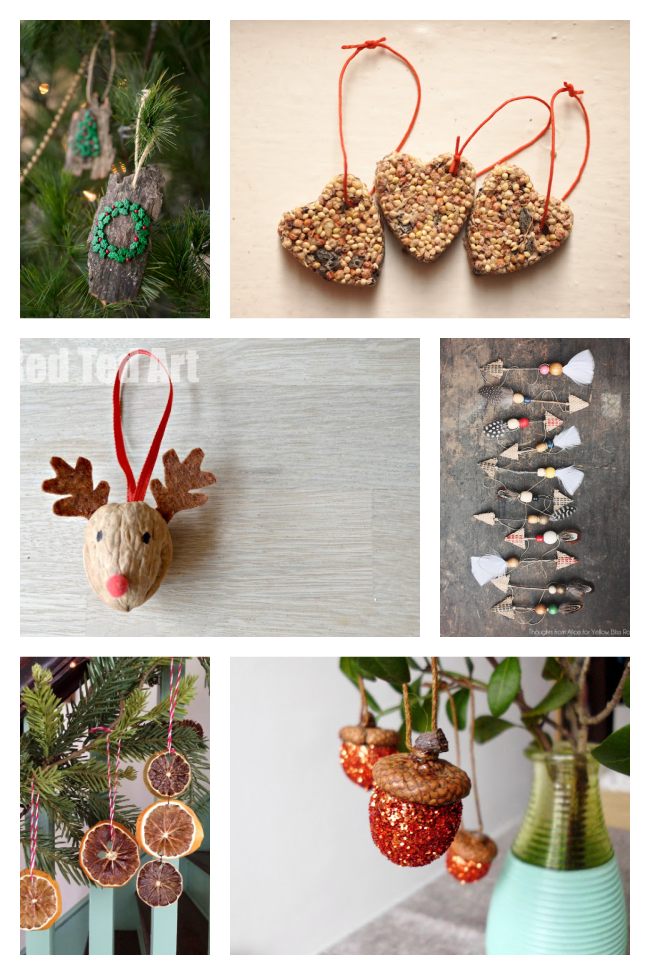 natural christmas ornaments- collage of DIY ornaments like the bird seed ornament, bark ornament, rudolph ornament, and dried orange ornament - Kids Activities Blog