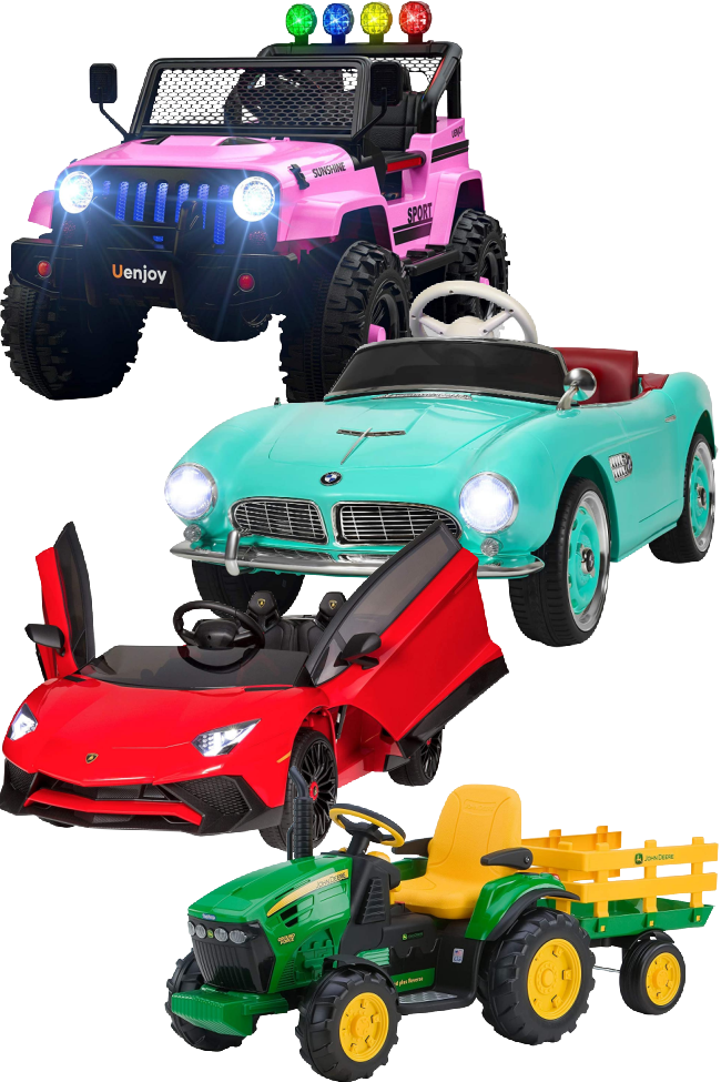 A john deere tractor, a lamborghini, a classic vintage car, and a jeep all together. All are battery operated ride on cars for kids.