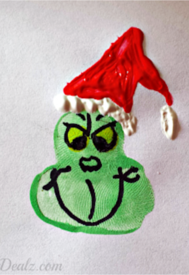 fingerprint christmas crafts for kids including this cute grinch fingerprint art project from Dealz