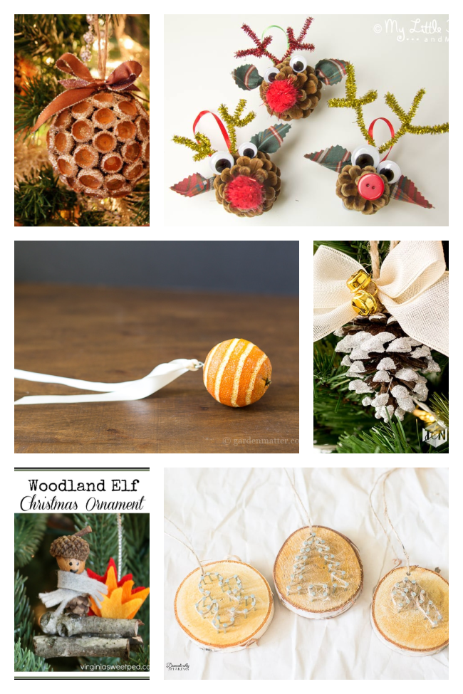 natural Christmas ornaments- homemade ornaments like these pine cone rudolph ornaments, acorn kiss ball ornament, whole orange ornament, and wood slice ornaments, as well as the woodland elf ornament made with felt, acorns, and mini pine cones.