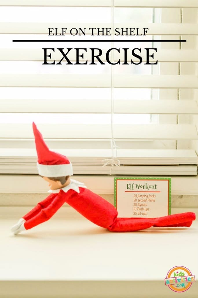 Elf on the shelf getting healthy by doing Elf workout printable on a window sill in push up position- kids activities blog - Text: Elf on the shelf - exercise