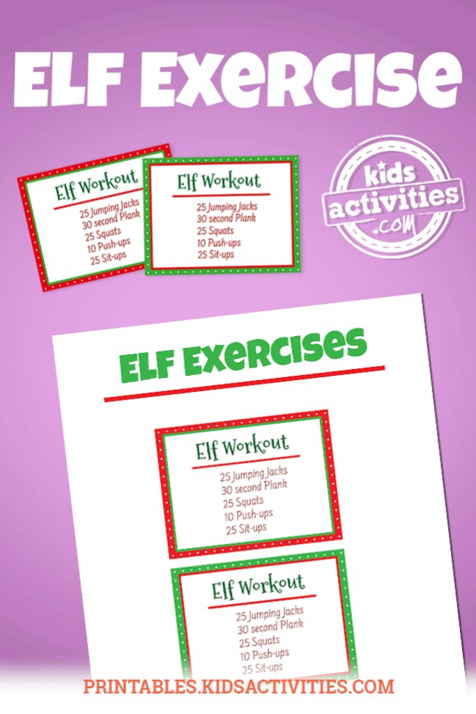 Text: Elf Exercise- Kids Activities Blog- Elf Exercise list red and green printed pdf on white paper with a purple background and completed printed pdf craft