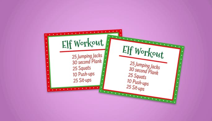 Text: Elf Exercise- Kids Activities Blog- Elf Exercise list red and green printed pdf on white paper with a purple background and completed printed pdf craft