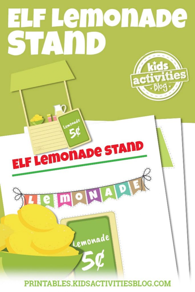 Elf Lemonade Stand Text: Kids Activities Blog- Printable lemonade stand, banner, and sign with completed lemonade stand against a green background