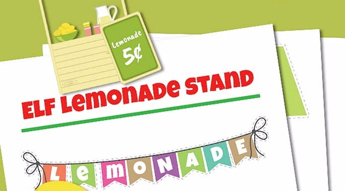 Elf Lemonade Stand Text: Kids Activities Blog- Printable lemonade stand, banner, and sign with completed lemonade stand against a green background