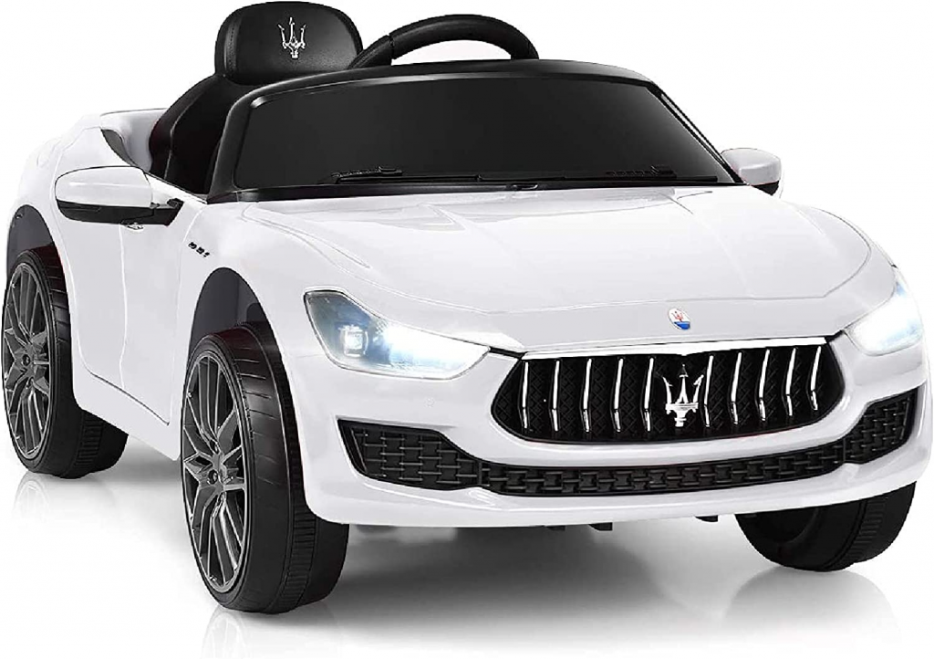 ride on cars for kids- white maserati with led lights, horn, openable doors and remote control