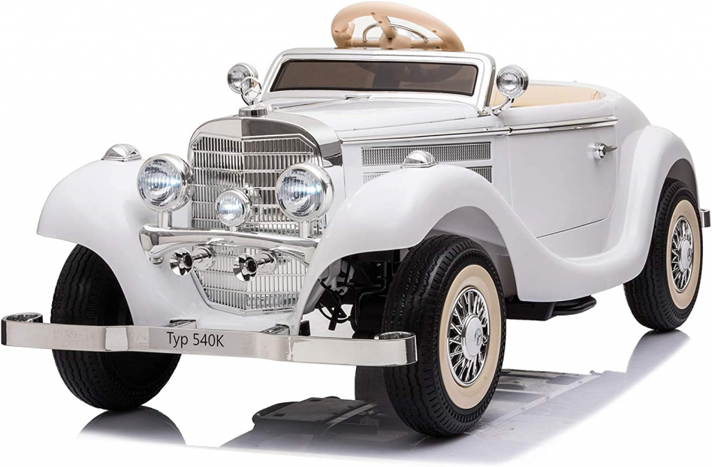 ride on cars for kids- white vintage car with black wheels and lights, mercedes