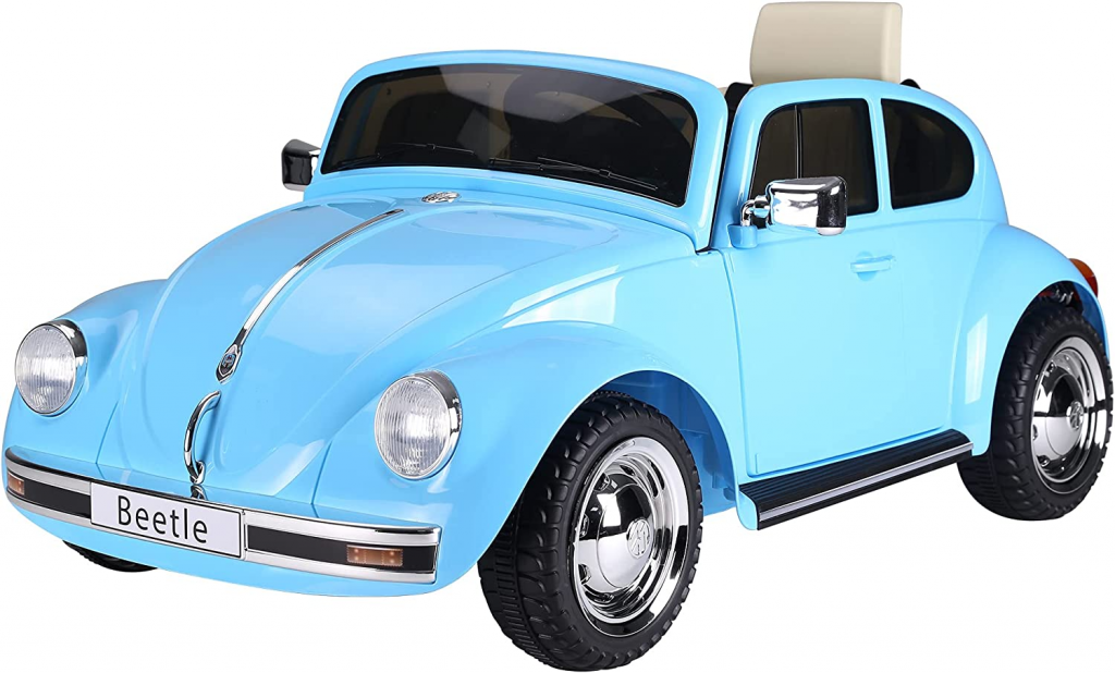 ride on cars for kids- powder baby blue on a volkswagon ride on car on a white background