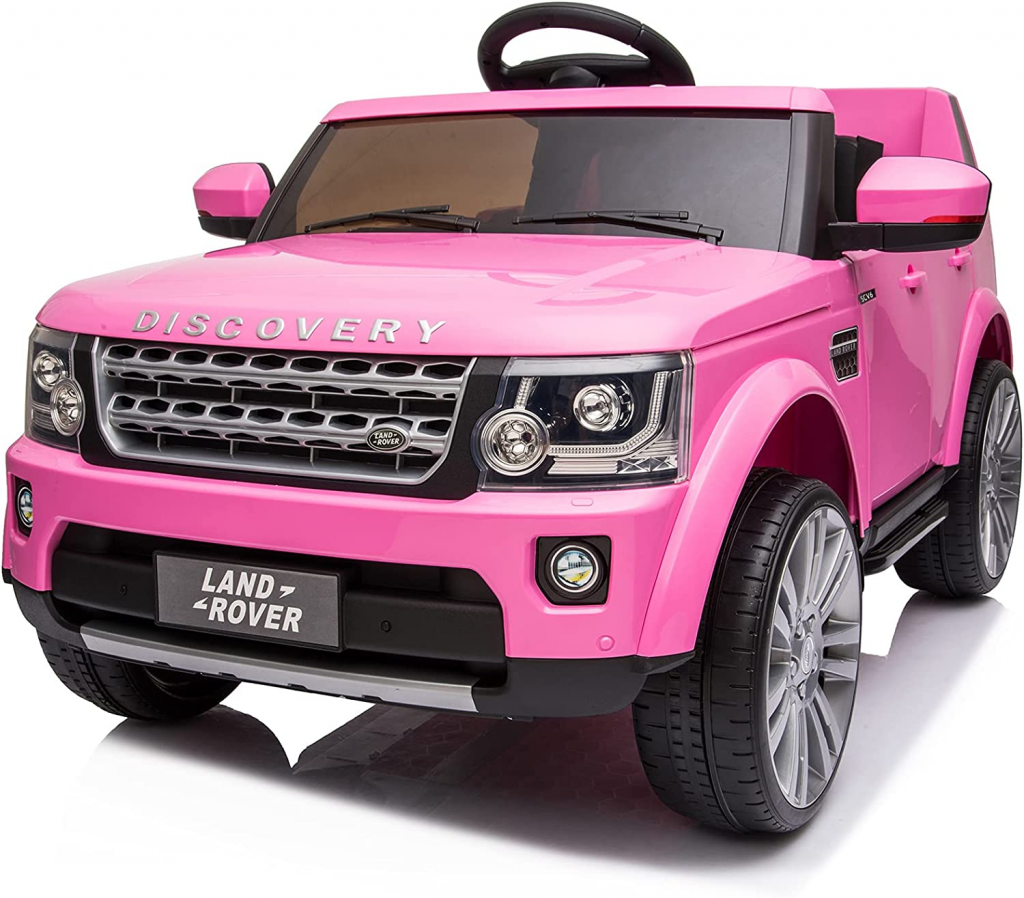 ride on cars for kids- pink discovery land rover with black tires and lights and windshield wipers