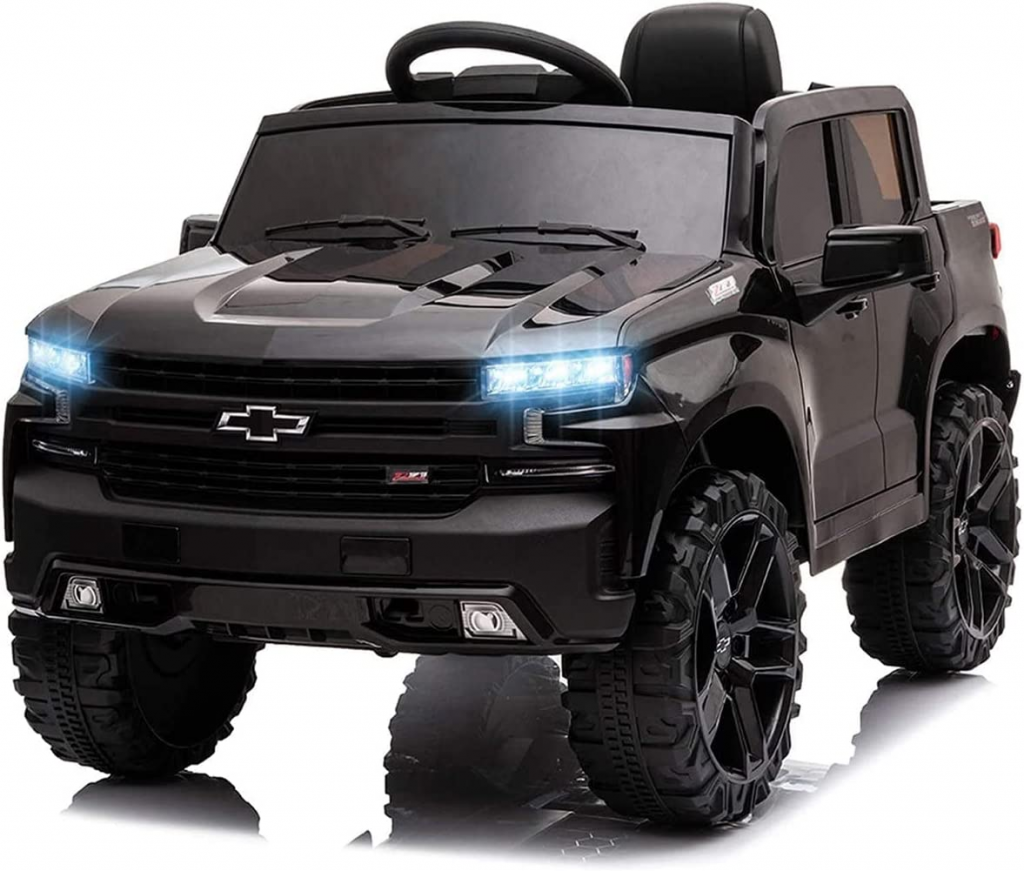 ride on cars for kids- ride on silverado truck with rechargeable batter, black paint, tires, remote control, mp3 player, spring suspension, and lights.