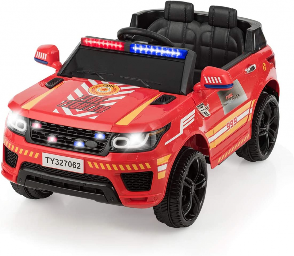 ride on cars for kids- fire fighter SUV with red and blue lights and stickers, as well as headlights 