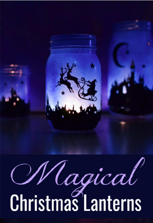 Magical Christmas Lanterns That glow purple with Santa, his sleigh, and reindeer.