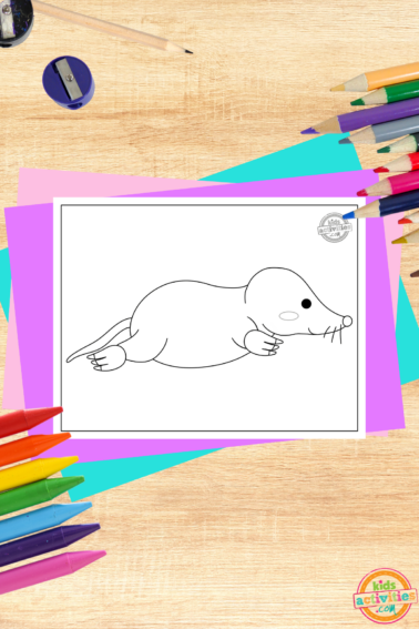 Mole coloring page on wooden background with coloring supplies and accessories- kids activities blog