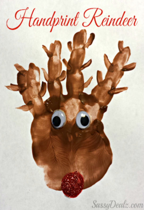 Reindeer handprint with finger antlers, a red nose, and googly eyes.