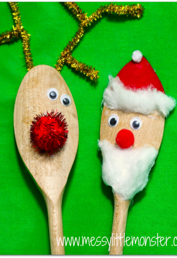 Santa Puppet made from a wooden spoon with a cotton beard a red nose next to a rudolph puppet with a red sparkly nose and antlers.