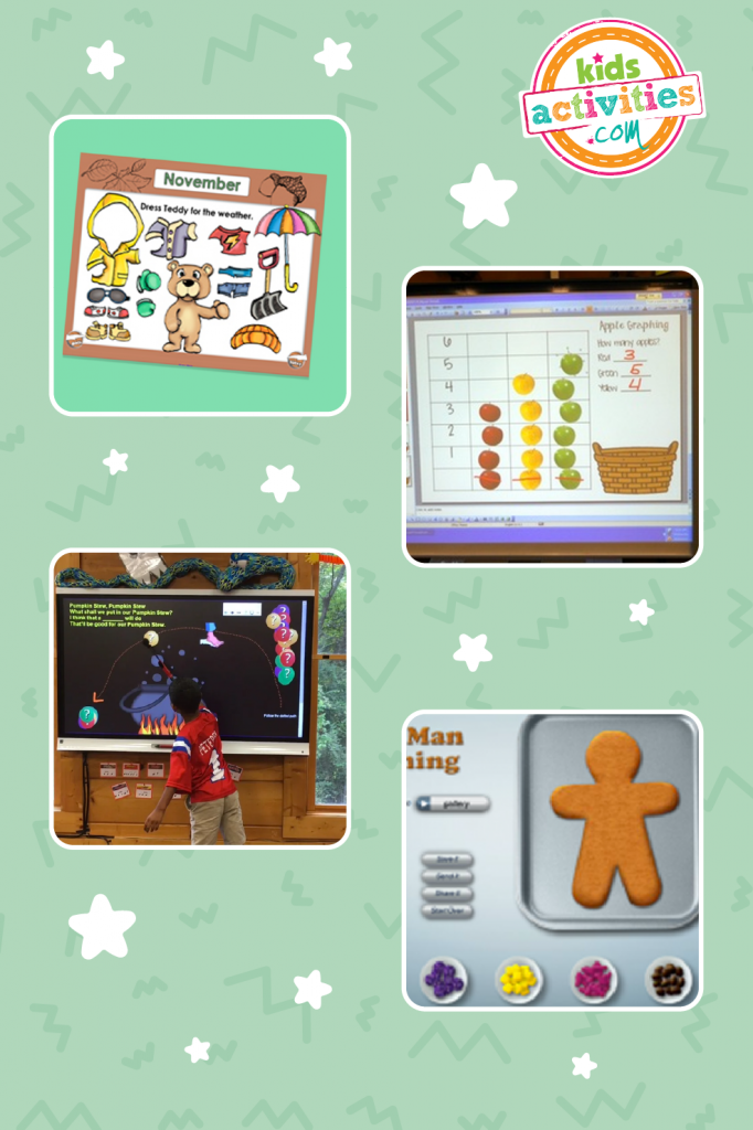 games for smartboard- Image shows a compilation of smartboard activities for preschoolers