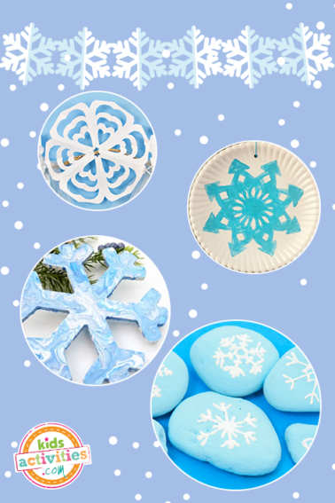 Image shows an assortment of snowflake crafts in circular displays on a purple background sprinkled with snow.