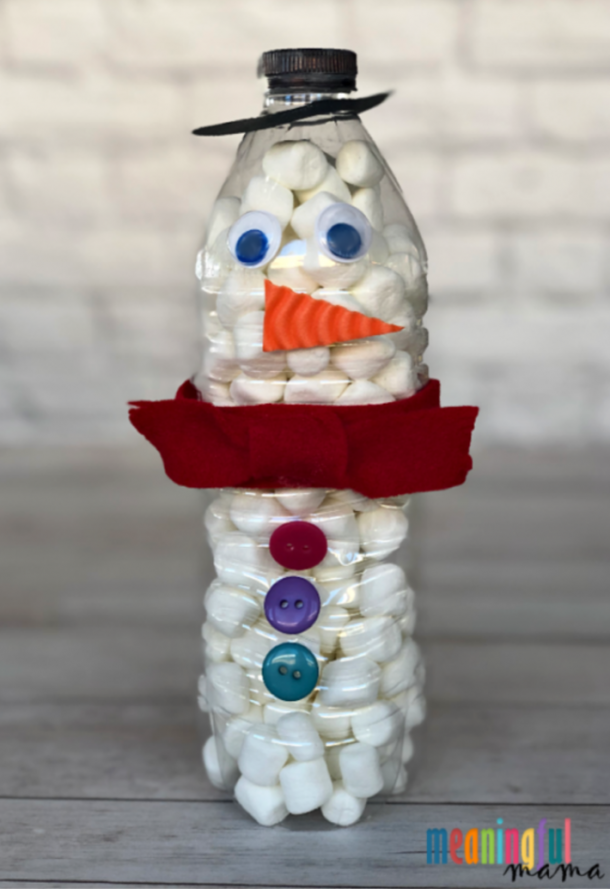 snowman marshmallow holder in a water bottle