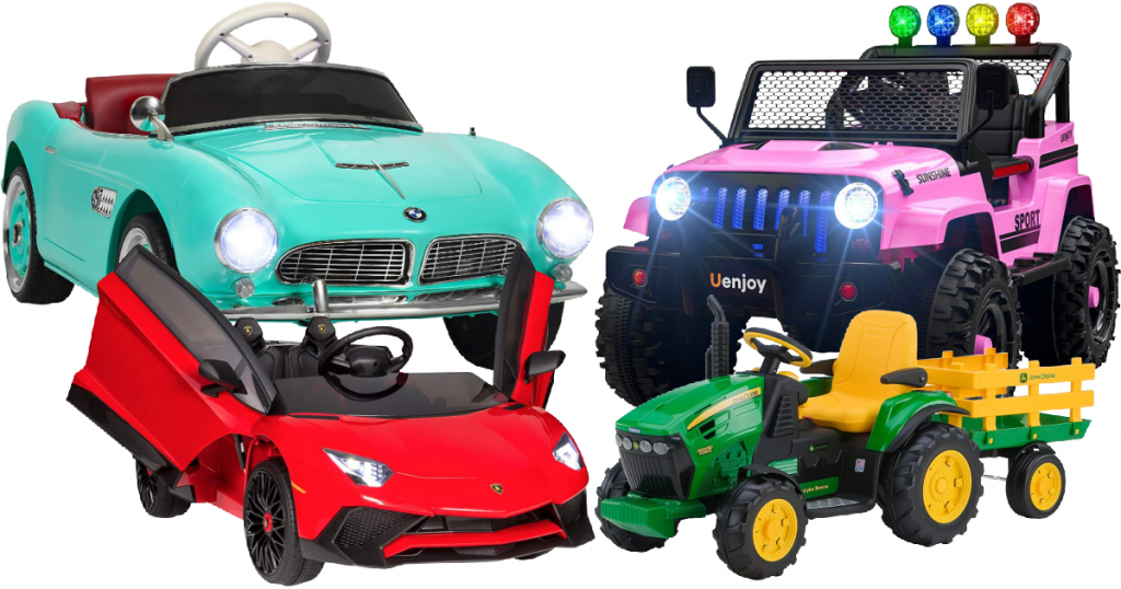 A vintage car, a jeep, a fast lamborghini, and a tractor. All are battery powered for kids.