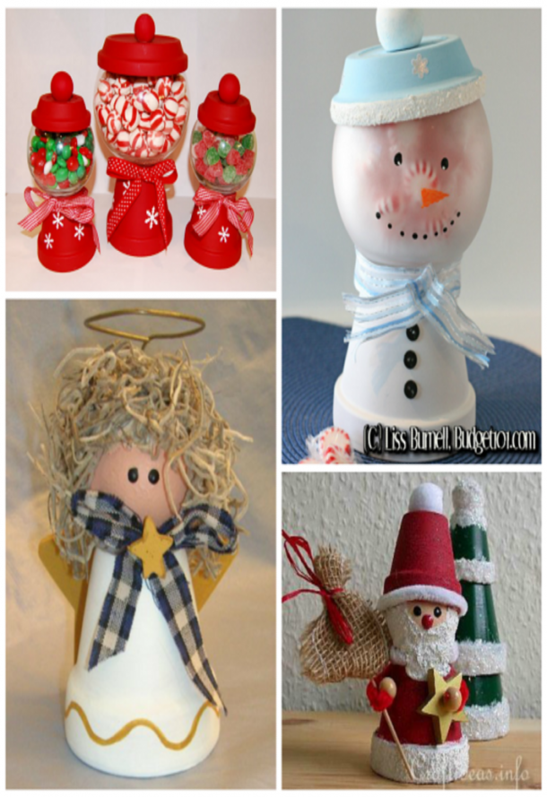 Terra cotta Christmas crafts that are candy holders for peppermints and red and green m&ms, a snowman that holds peppermints, a Christmas angel with mess brown hair, and a little santa clause and Christmas tree